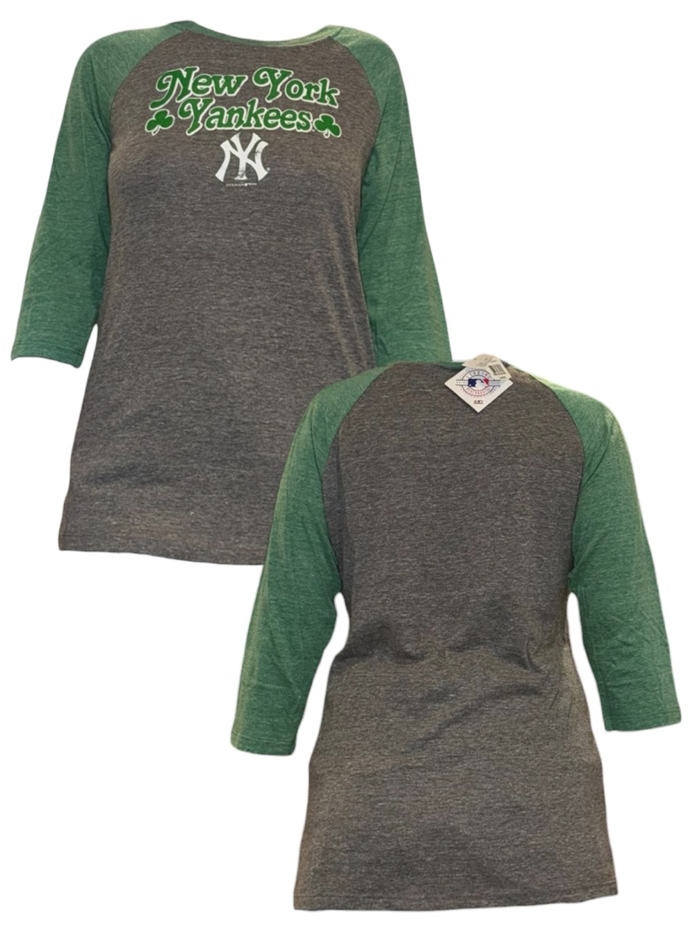 New York Yankees Clover Raglan Green and Grey Baseball Tee